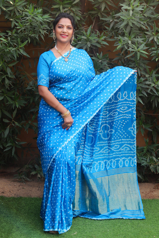 Premium Sky BluePure Bandhej Silk Saree with Lagdi Patta Zari Weaving & Rich Pallu | Includes Bandhej Design Blouse.