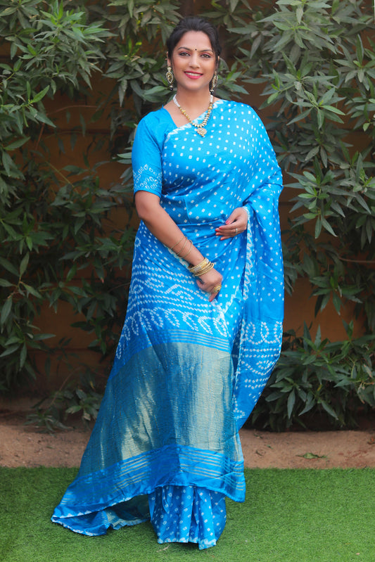 Sky BluePure Bandhej Silk Saree with Lagdi Patta Zari Weaving