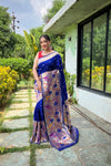 Violate Pure Paithani Silk Saree with Traditional Paithani Border and Unique Motif Patterns - Contrast Richly Woven Pallu and Meenakari Motif Blouse.