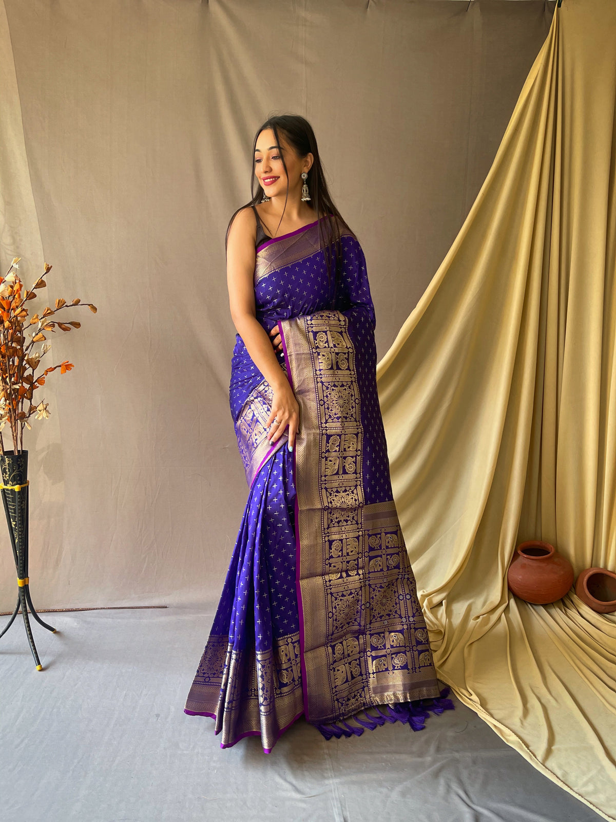 Beautiful Violate Color Soft Silk Saree with Silver & Gold Zari Checks, Gold Zari Woven Broad Border, Elegant Pallu | Unstitched Blouse Piece.