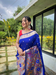 Violate Pure Paithani Silk Saree with Traditional Paithani Border and Unique Motif Patterns - Contrast Richly Woven Pallu and Meenakari Motif Blouse.