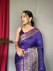 Exquisite Violate Handloom Saree with Superb Antique Weaving: Heavy Gold Jacquard Border, Small Motifs, and Meena Work with Unstitched Blouse Piece.