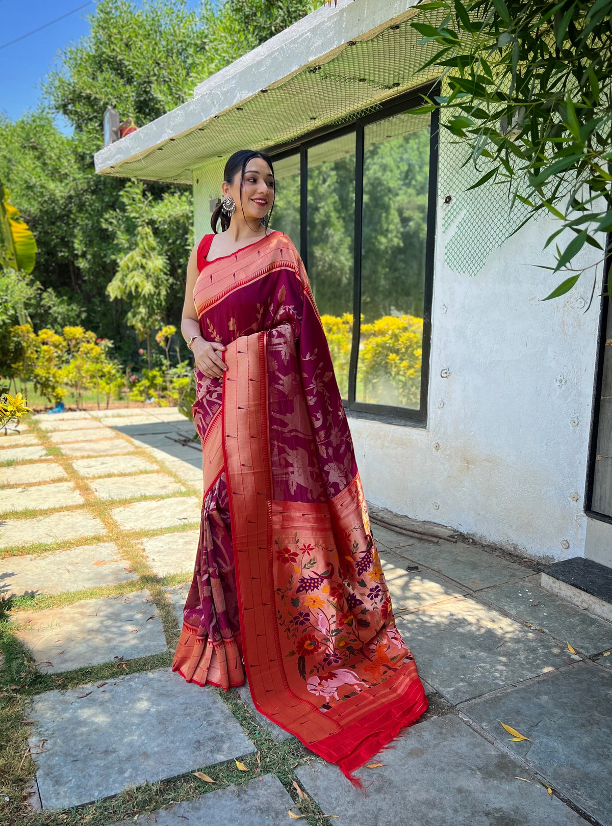 Wine Color Pure Soft Paithani Silk Saree with Rich Woven Paithani Pallu - All-Over 3D Traditional Design Patterns in Gold and Silver Zari.