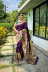 Wine Color Pure Paithani Silk Saree with Traditional Paithani Border and Unique Motif Patterns - Contrast Richly Woven Pallu and Meenakari Motif Blouse.