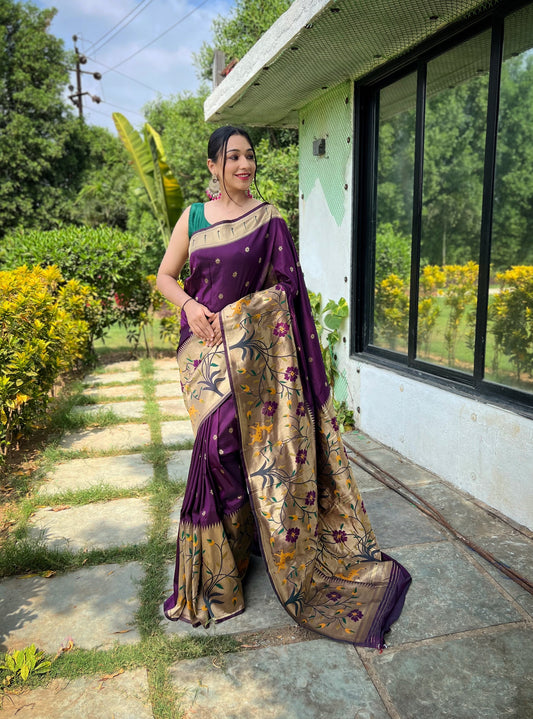 Wine Color Pure Paithani Silk Saree with Meenakari Motif Blouse