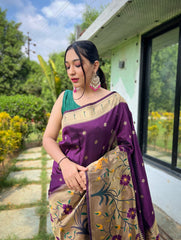 Wine Color Pure Paithani Silk Saree with Traditional Paithani Border and Unique Motif Patterns - Contrast Richly Woven Pallu and Meenakari Motif Blouse.