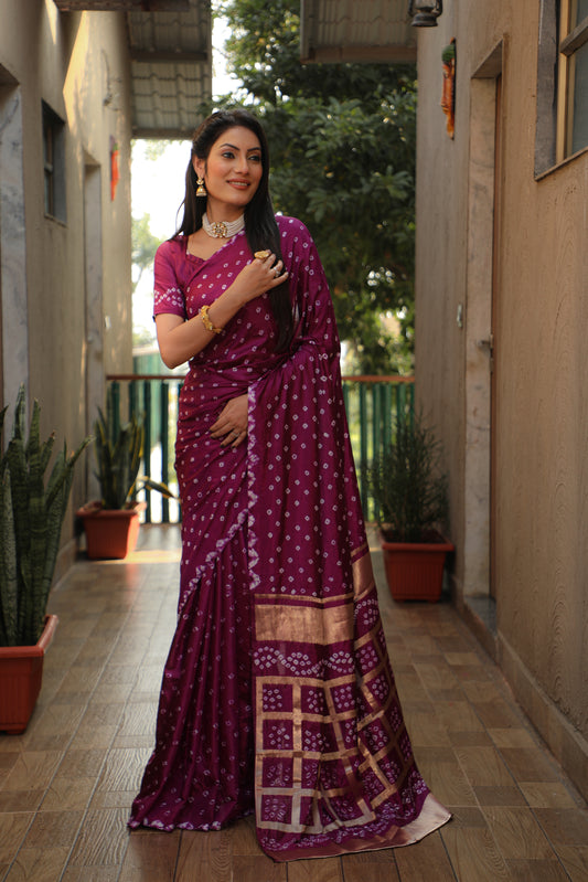 Exquisite Wine Bandhej Silk Saree with Checks Pattern Pallu – Luxurious Handmade Design and Matching Bandhej Blouse.