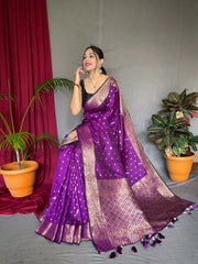 Wine Color Pure Soft Silk Saree with Copper & Golden Zari Woven Border, Rich Pallu with Beautiful Motifs & Elegant Color Combination | Three Zari Used, Unstitched Blouse Included.