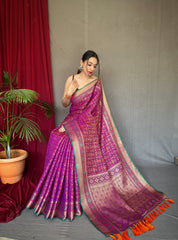 Wine Color Pure Patola Silk Saree with Patola Fusion Design