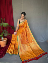 Yellow Color Pure Patola Silk Saree with Patola Fusion Design