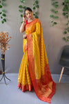 Yellow Pure Organza Saree with Jacquard Border and Rich Pallu Featuring Luxurious Tassels.