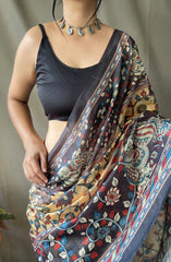 Elegant Yellow Kalamkari Print Sari with Contrasting Pallu and Tassel Details