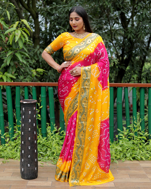 Yellow Dual Colour Bandhej Silk Saree