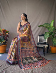 Kalamkari Prints Yellow Soft Cotton Sarees