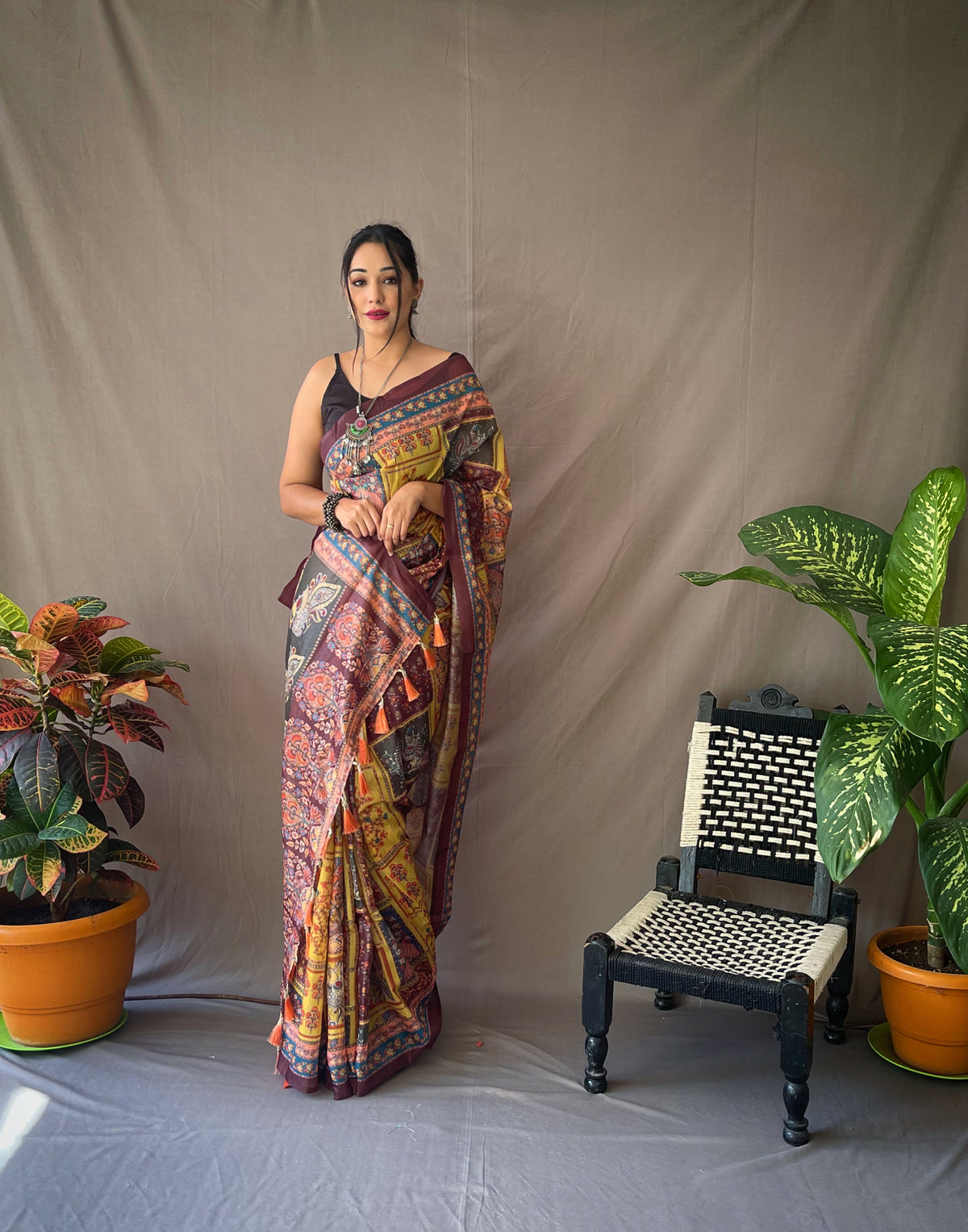 Kalamkari Prints Yellow Soft Cotton Sarees