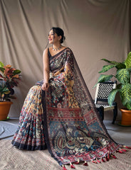 Elegant Yellow Kalamkari Print Sari with Contrasting Pallu and Tassel Details