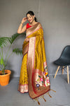 Yellow Color Pure Paithani Silk Saree with Rich Woven Pallu, Tassels, and Unique Motif Pattern – Includes Unstitched Blouse Piece.