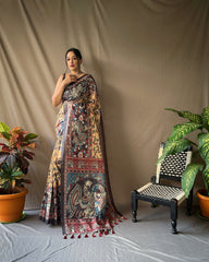 Elegant Yellow Kalamkari Print Sari with Contrasting Pallu and Tassel Details