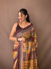 Kalamkari Prints Yellow Soft Cotton Sarees