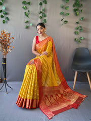 Yellow Pure Organza Saree with Jacquard Border and Rich Pallu Featuring Luxurious Tassels.