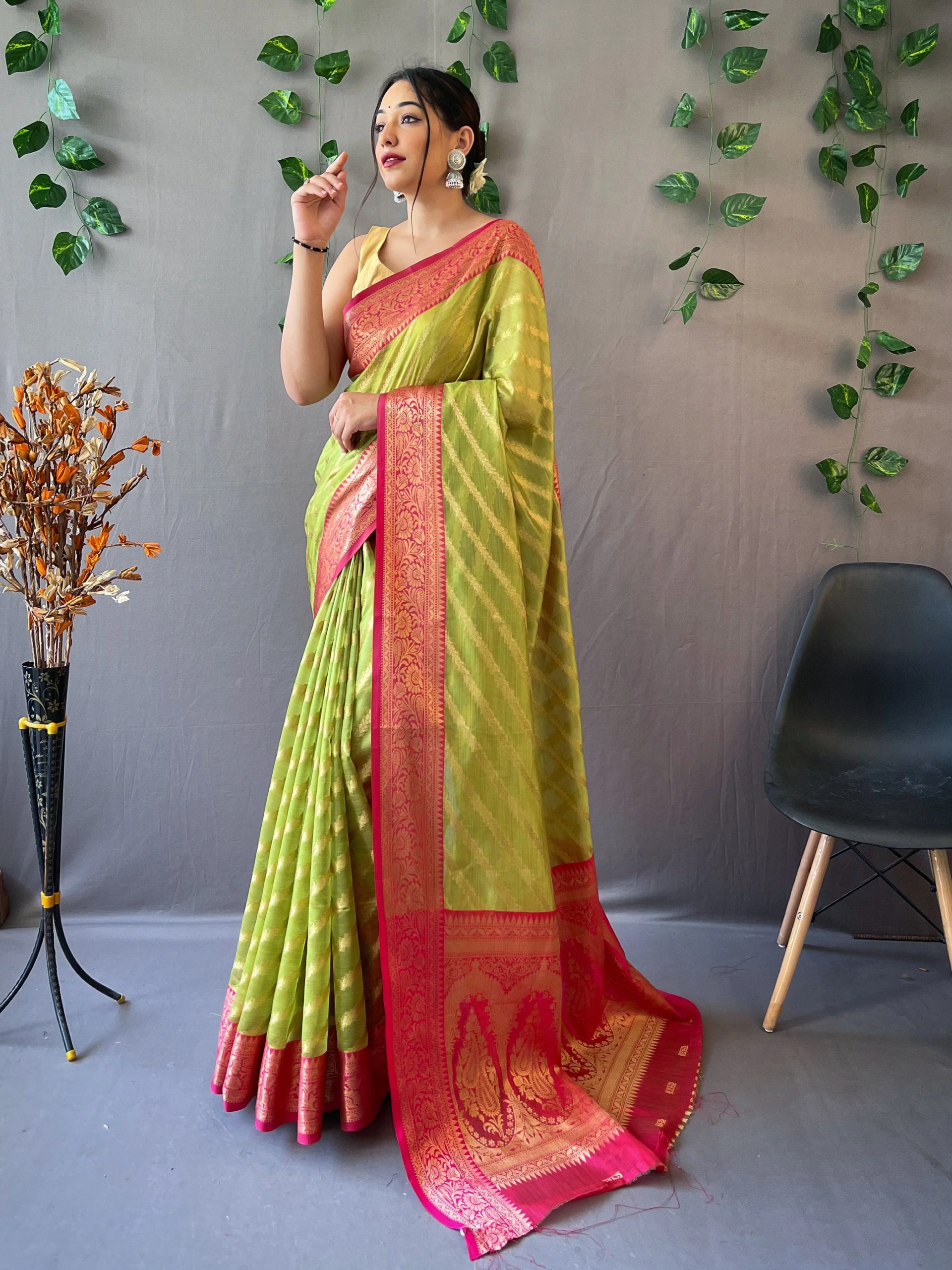 Pista Color Pure Organza Saree with Jacquard Border