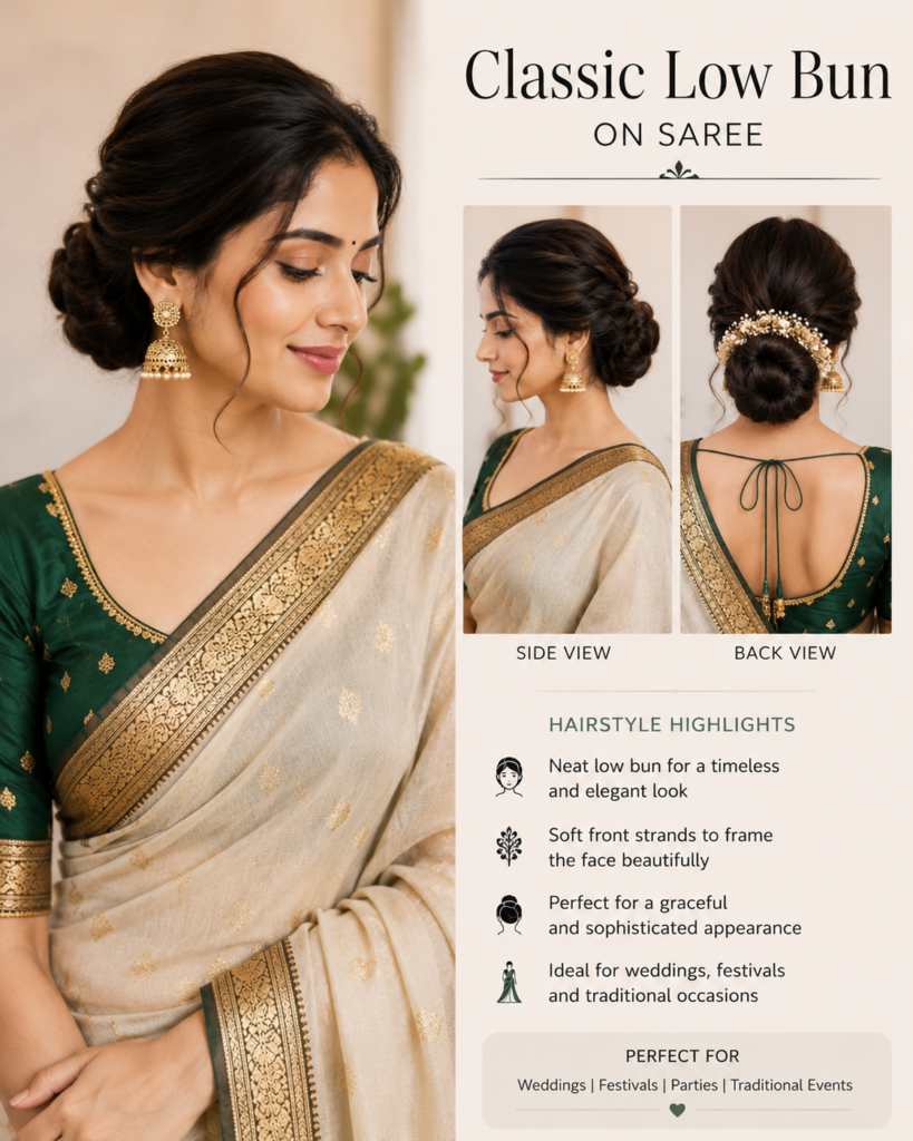 Classic Low Bun on saree