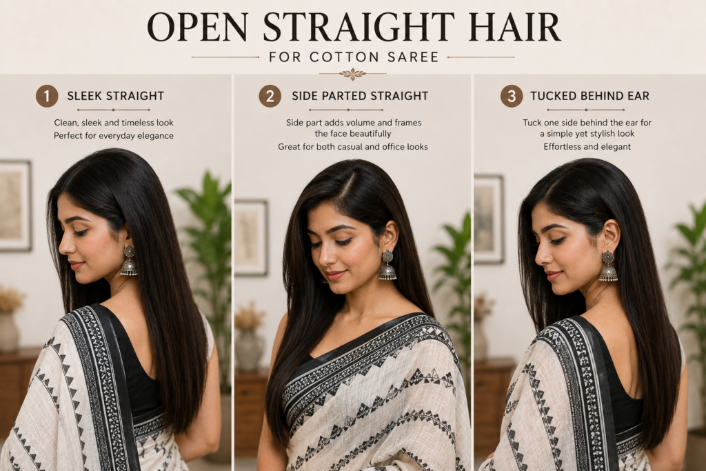 Open Straight Hair on Saree
