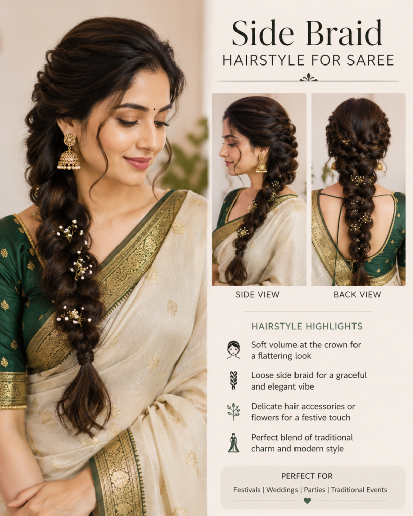 Side Braid Hairstyle for Saree