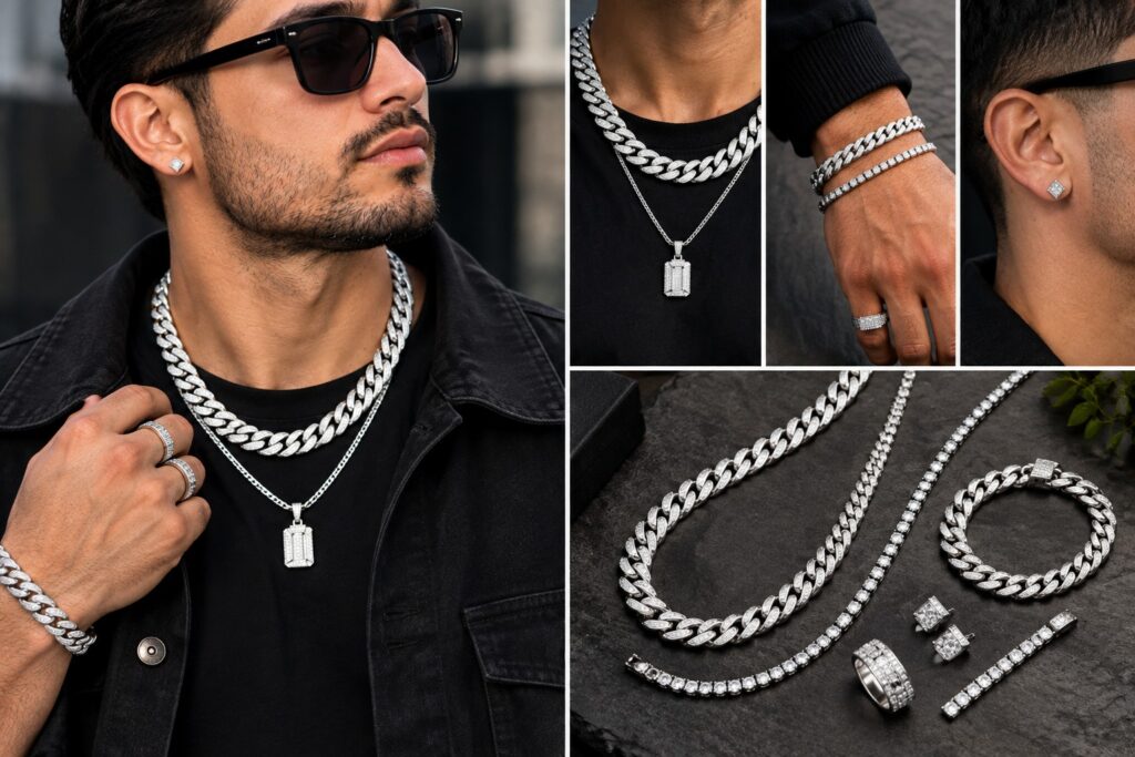 Cuban link jewelry styled with silver chains, iced out pendant, rings and bracelet