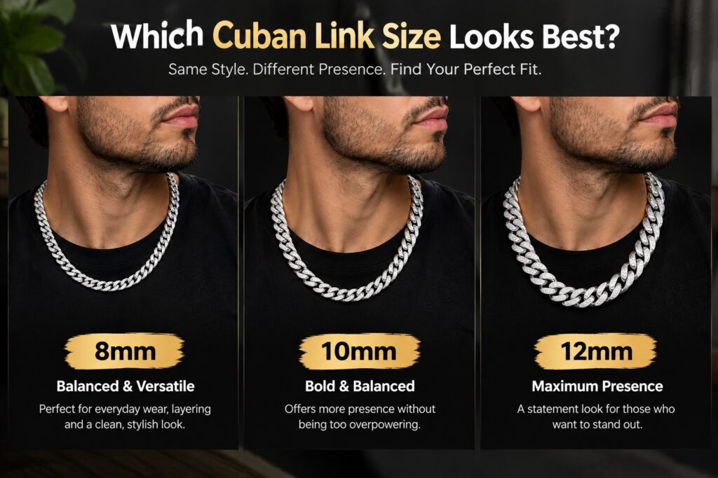 8mm 10mm and 12mm Cuban link chains compared for size and style